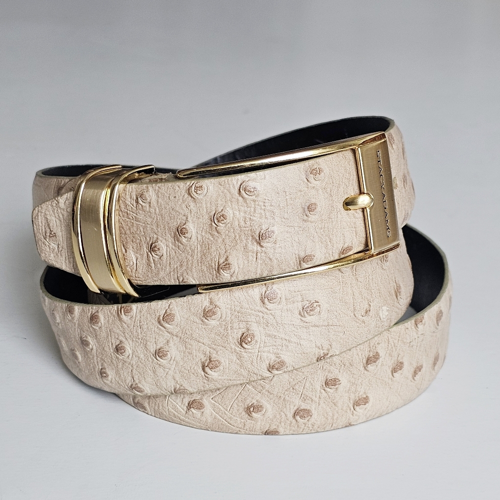 Stacy Adams Genuine Ostrich Embossed Leather Belt Beige Gold Buckle Size 42